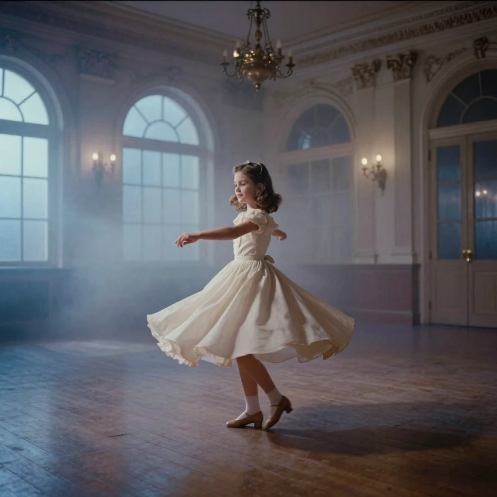 A little girl twirling in a puffy dress in an empty ballroom, in cool blue twilight, in thick rolling fog, in the height of summer, with a soft sepia-tinted glow, from a three-quarter angle.