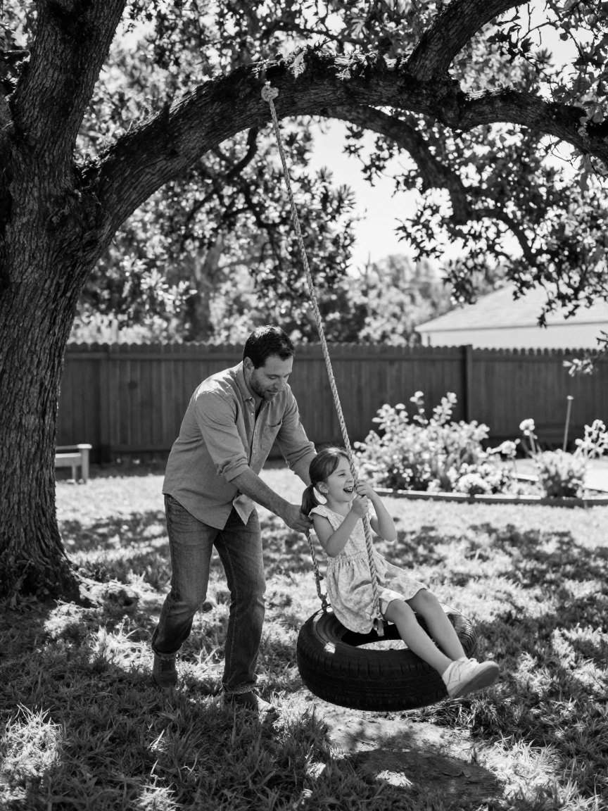 A father pushes his daughter on a tire swing in a quiet backyard.