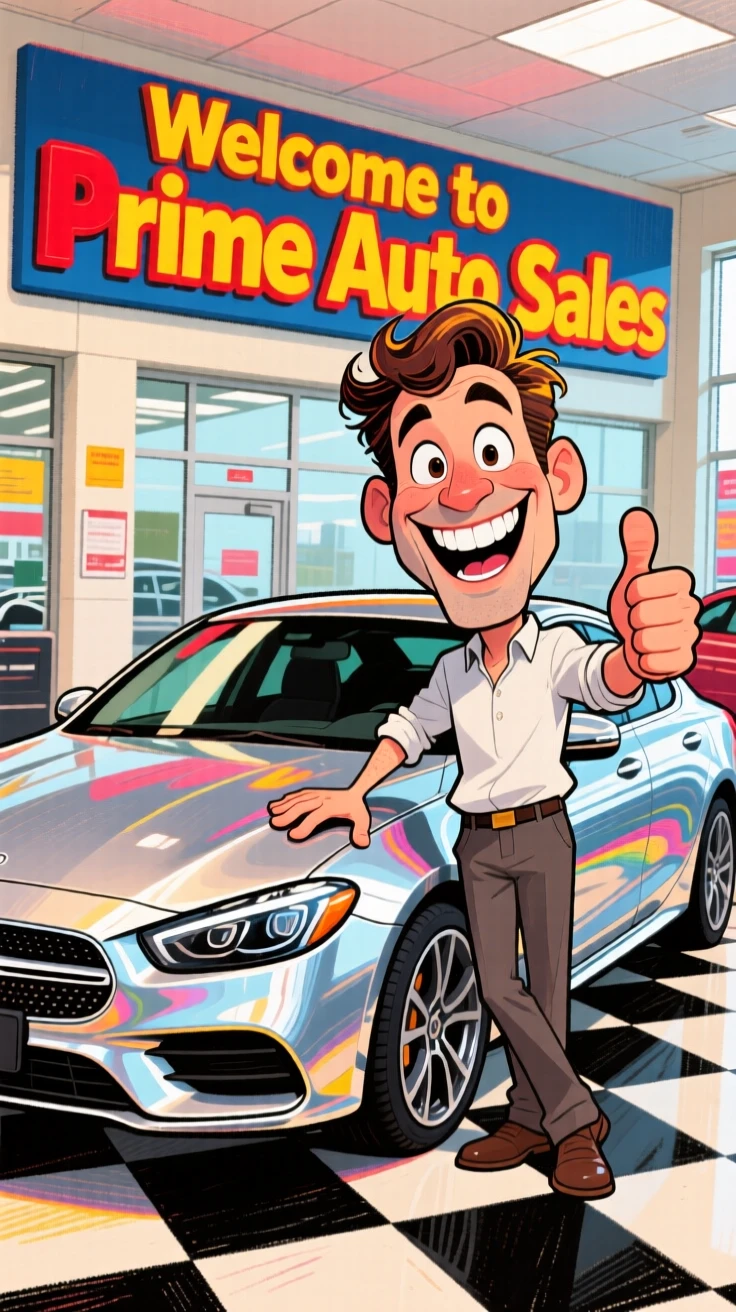 A man reviewing a new car, standing proudly beside it in a dealership showroom.