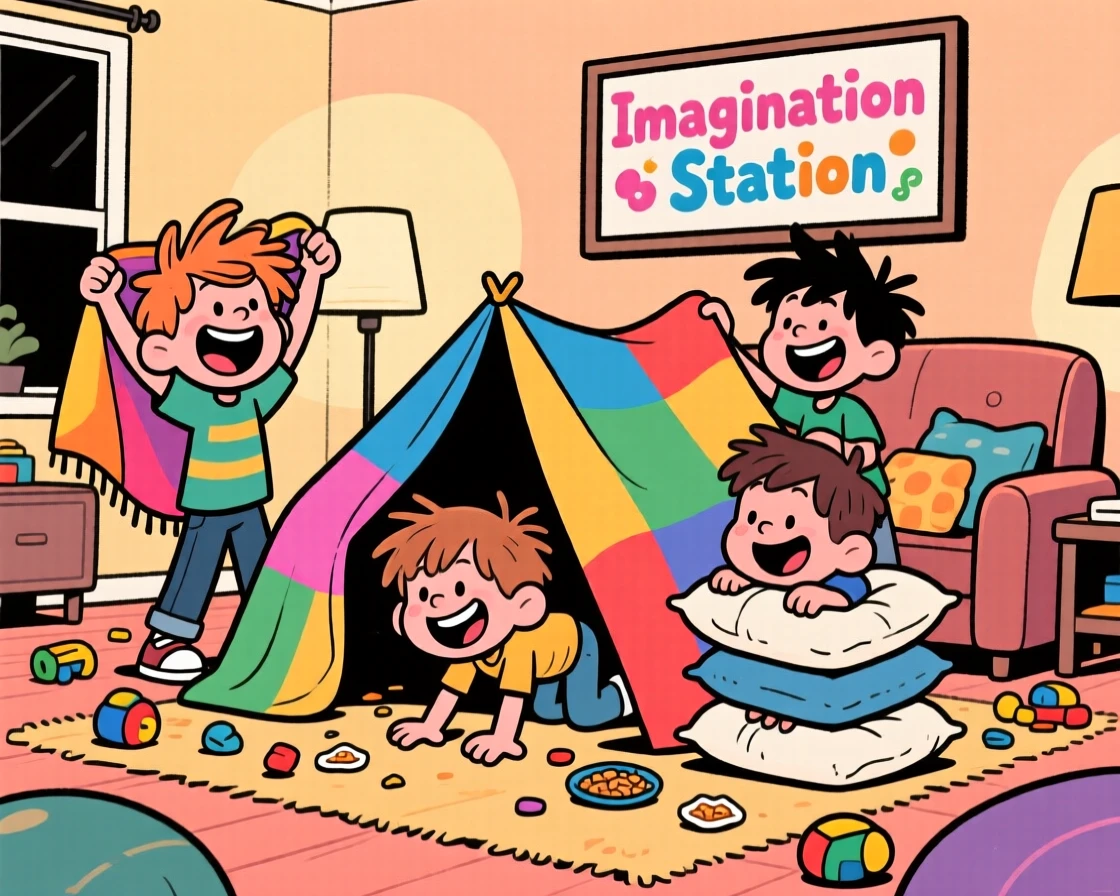 A playful childhood moment of a group of kids building a blanket fort in the living room, with wide grins and messy hair.