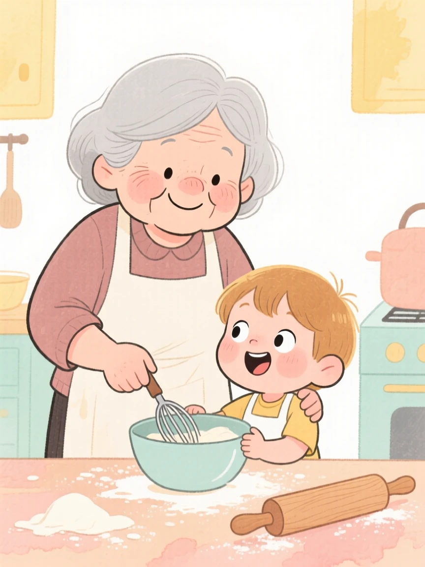 An uplifting, heartwarming moment of a grandmother teaching a grandchild to bake in a warm kitchen