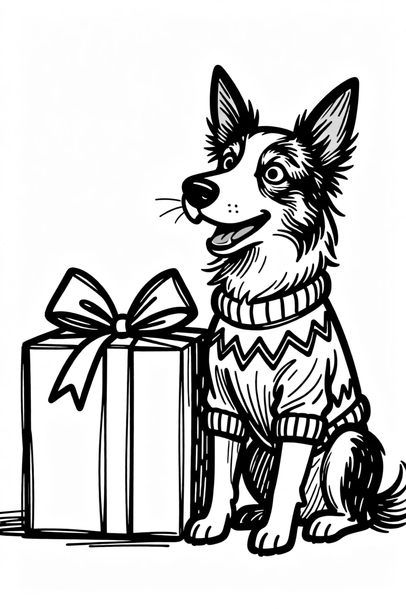 A border collie wearing a knitted holiday sweater, sitting beside a wrapped present twice its size.