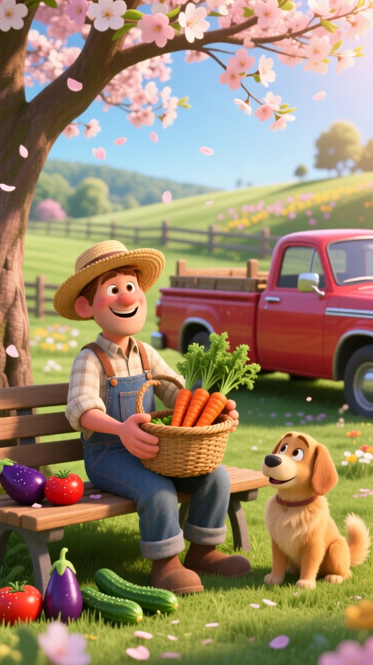 A farmer loading a truck with fresh vegetables is captured on a park bench beneath a blossoming tree, with a friendly dog resting nearby. A gentle, charming warmth fills this everyday moment.