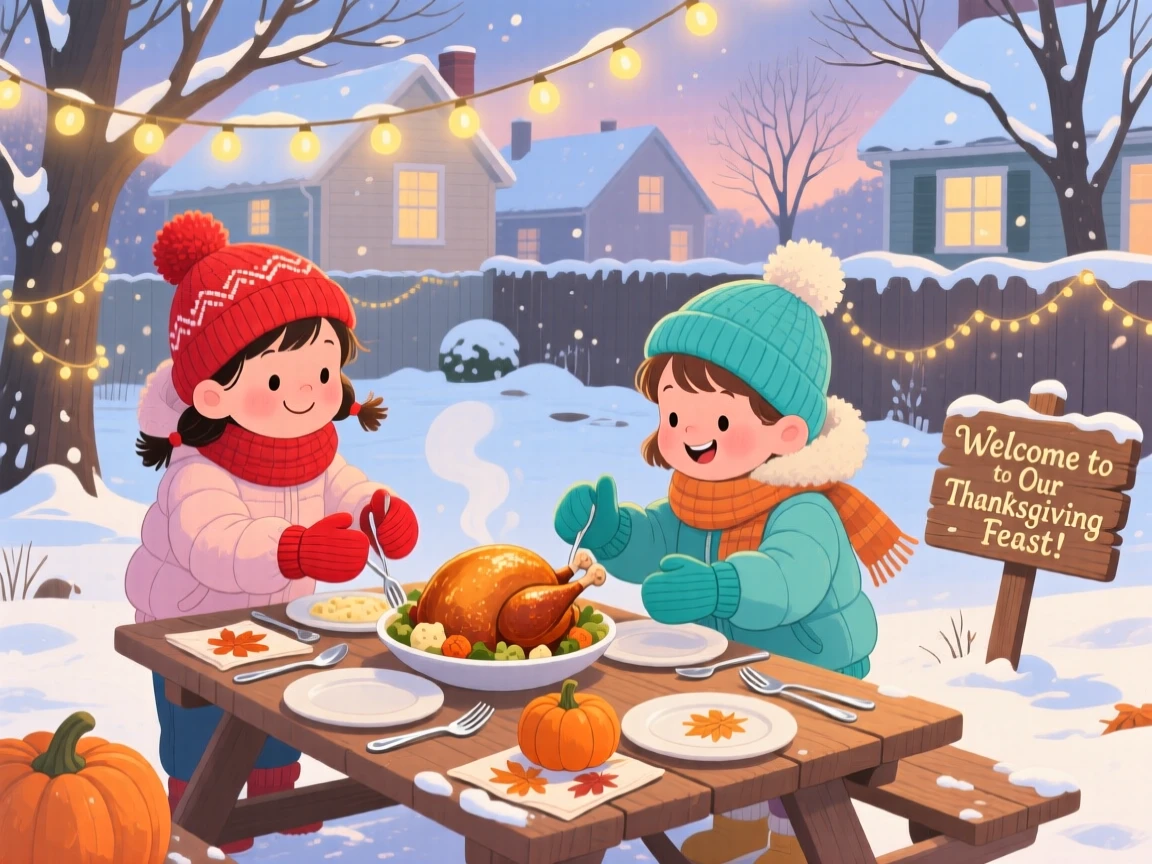 Children in matching mittens spend the evening setting the table for a big Thanksgiving feast in a frosty backyard, with fresh snow blanketing the rooftops.