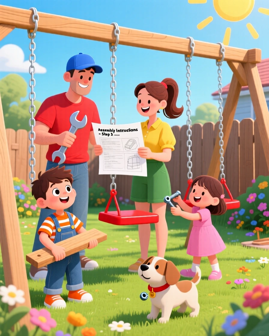 A family assembling a swing set in the backyard on a Saturday.