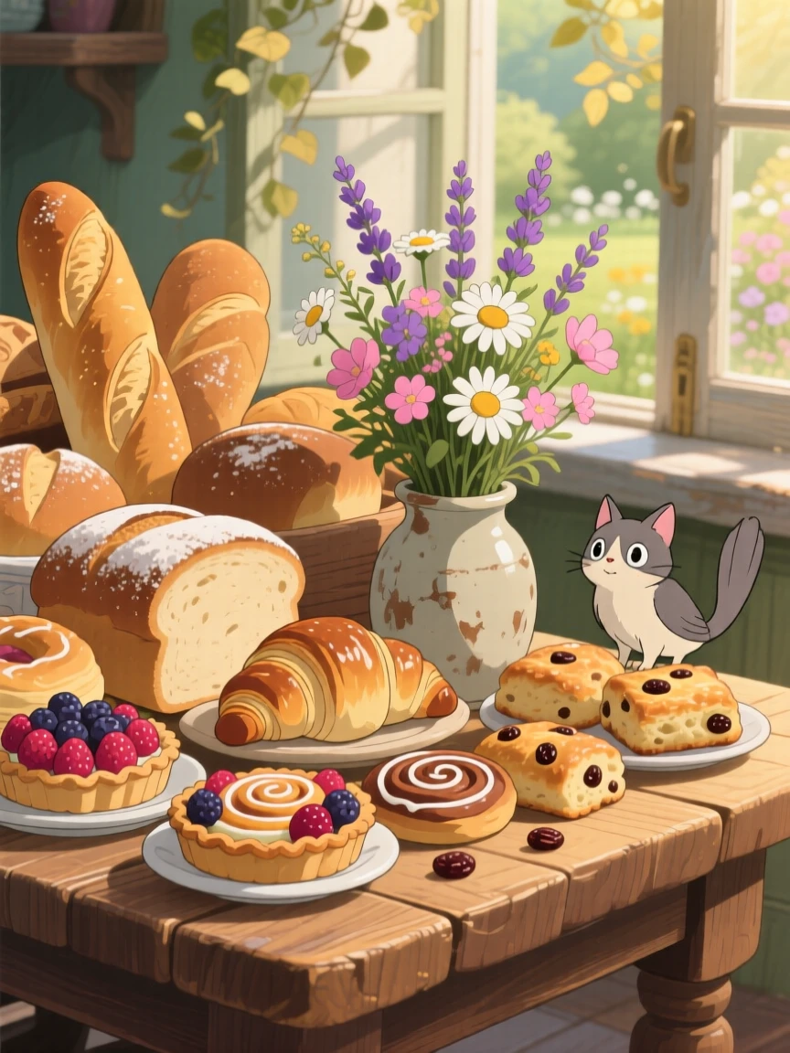 A warm, inviting scene of a table piled with freshly baked bread and pastries, with fresh flowers arranged nearby.