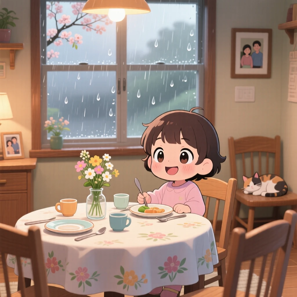 A child setting the table for dinner in a warm family dining room during a gentle spring rain shower; diffused overcast light washes over the scene as warm affection fills the moment. Close-up portrait.