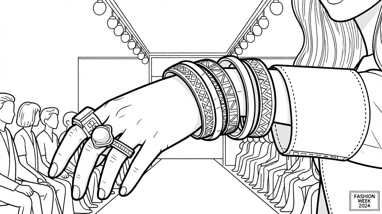 A stack of chunky rings and bangles on a wrist, photographed on a runway during a fashion show.