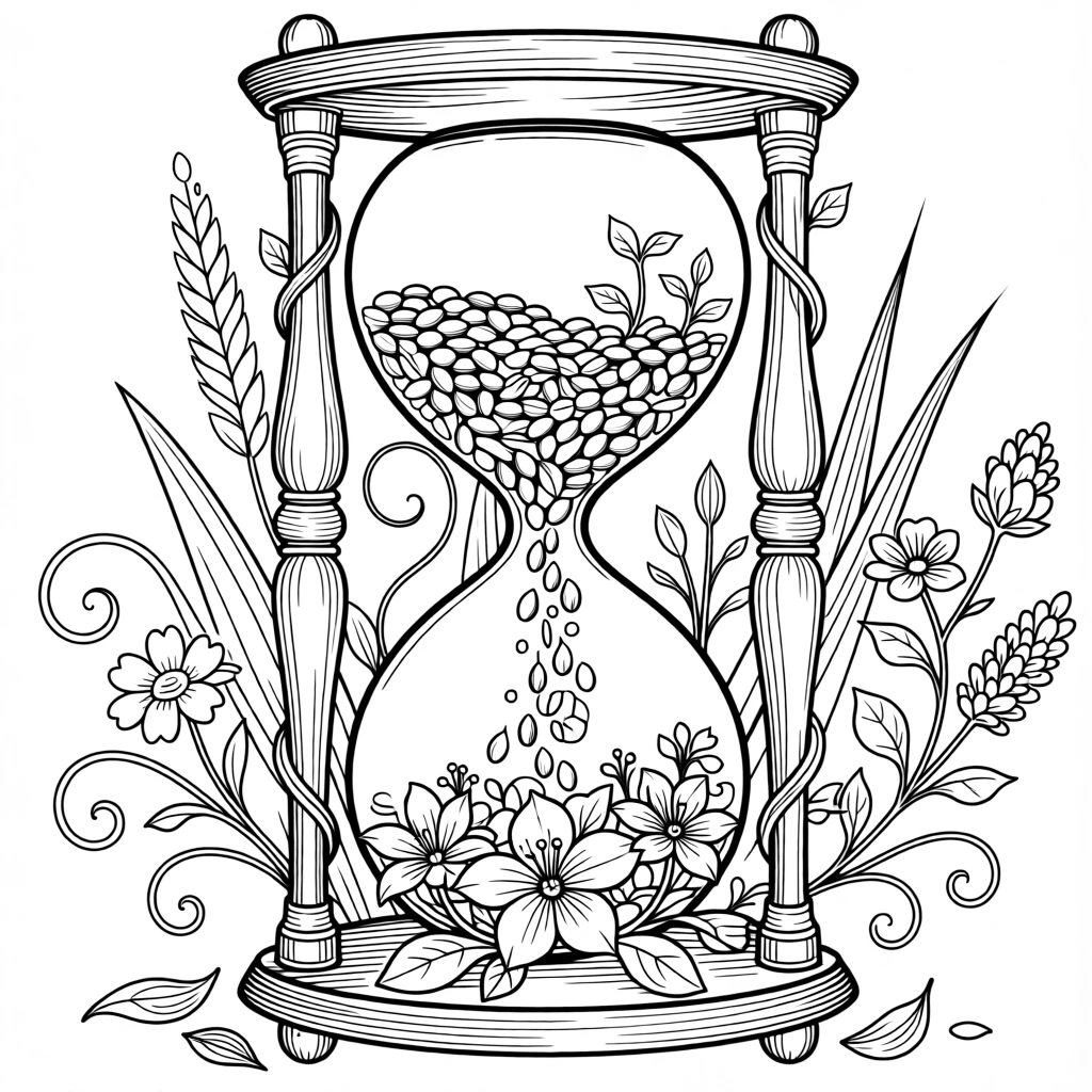 A single hourglass filled with blooming seeds instead of sand.