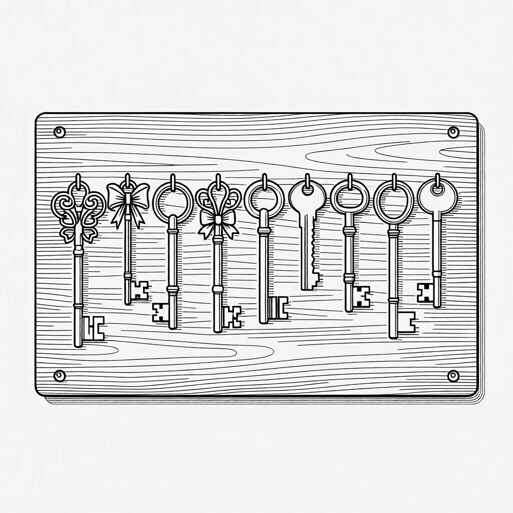 A collection of vintage keys hanging on a wooden board