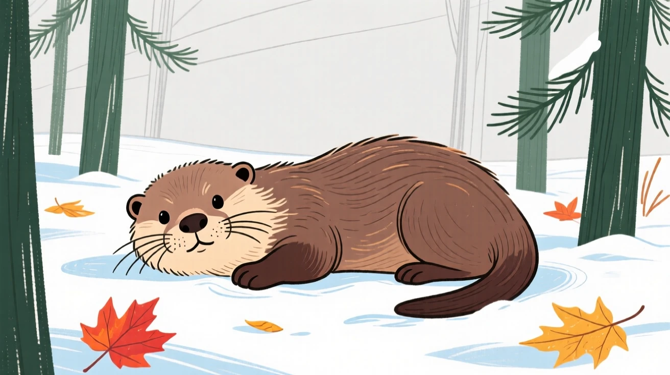 A baby otter resting in a snowy pine forest on a crisp autumn day.