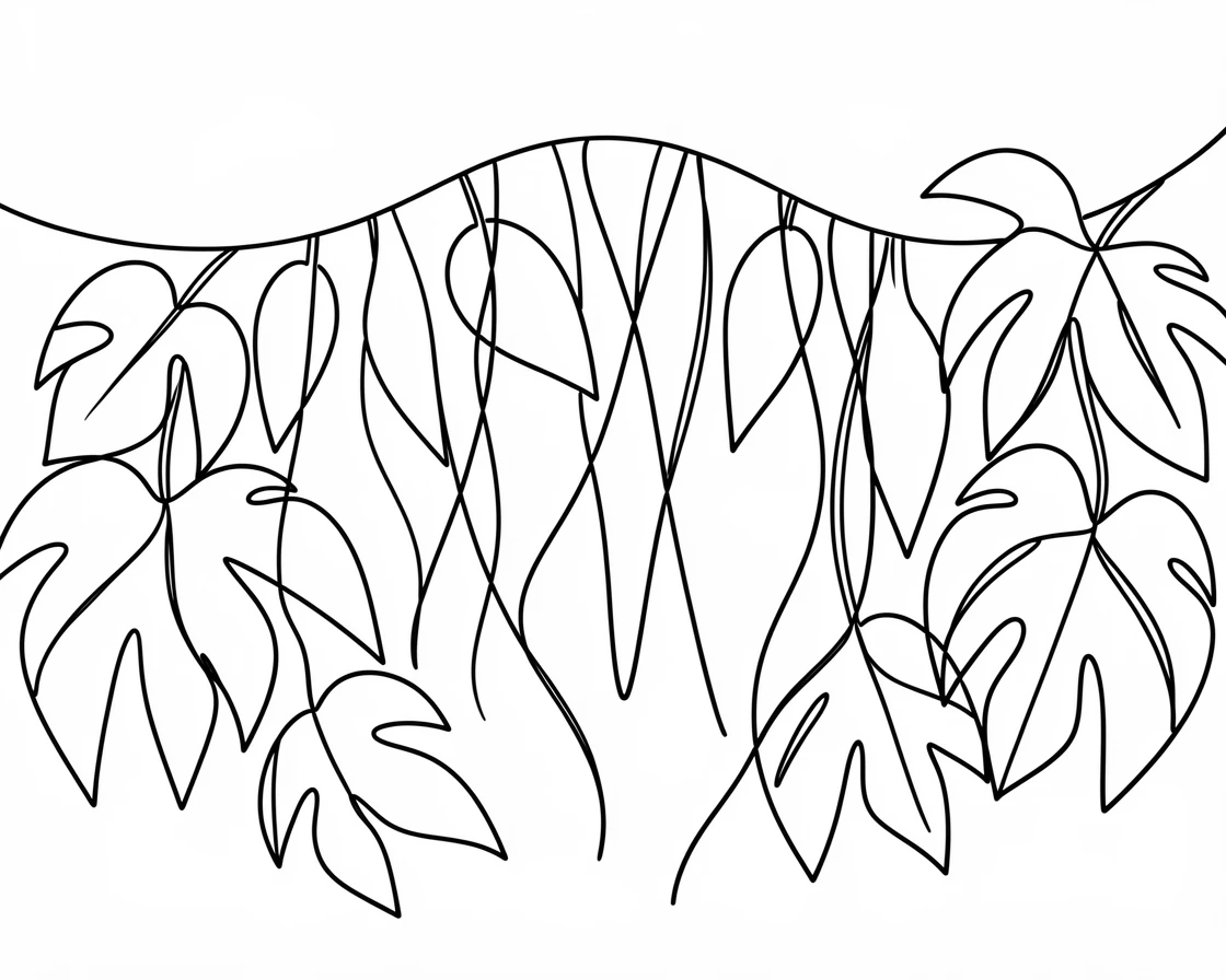 A dense rainforest canopy alive with hanging vines and broad leaves
