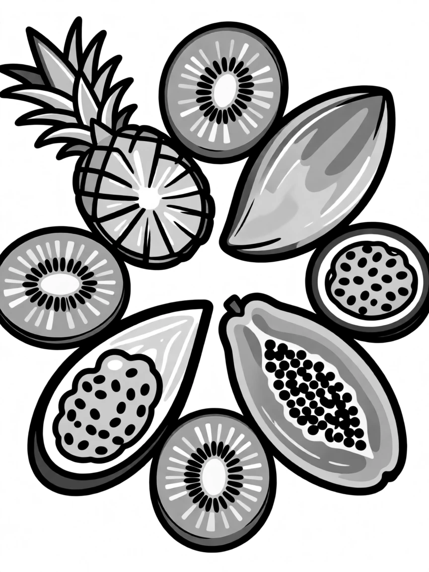 A symmetrical arrangement of tropical fruit slices forming a colorful pattern.