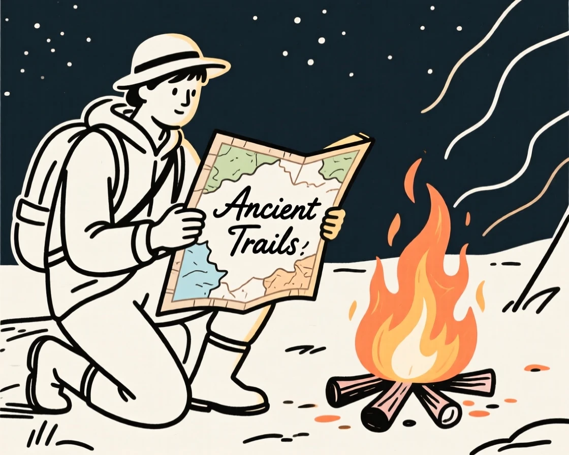 An explorer studying a weathered map beside a roaring campfire.