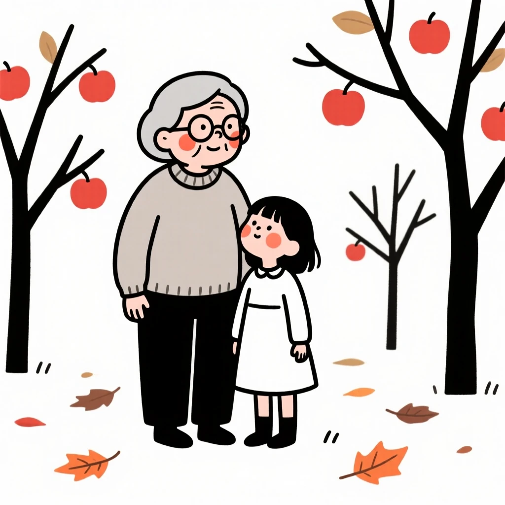A grandmother and granddaughter, full of curious wonder, in an autumn orchard.