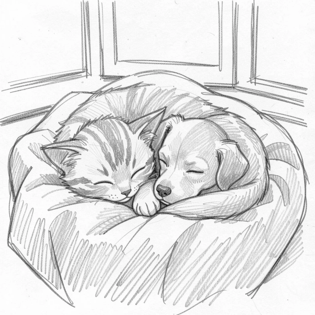 A charming close-up of a kitten and puppy cuddled together asleep on a cozy blanket by a window, with a playful, mischievous expression.