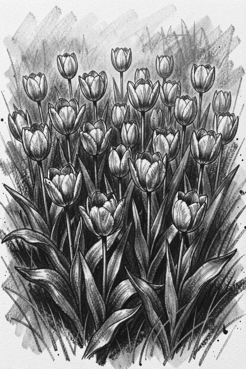 A spring meadow bursting with blooming tulips, with everyone gathered close together.