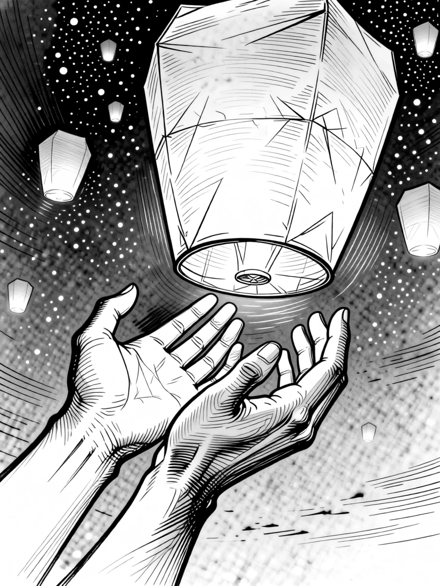 A pair of hands releasing floating lanterns into a peaceful night sky.