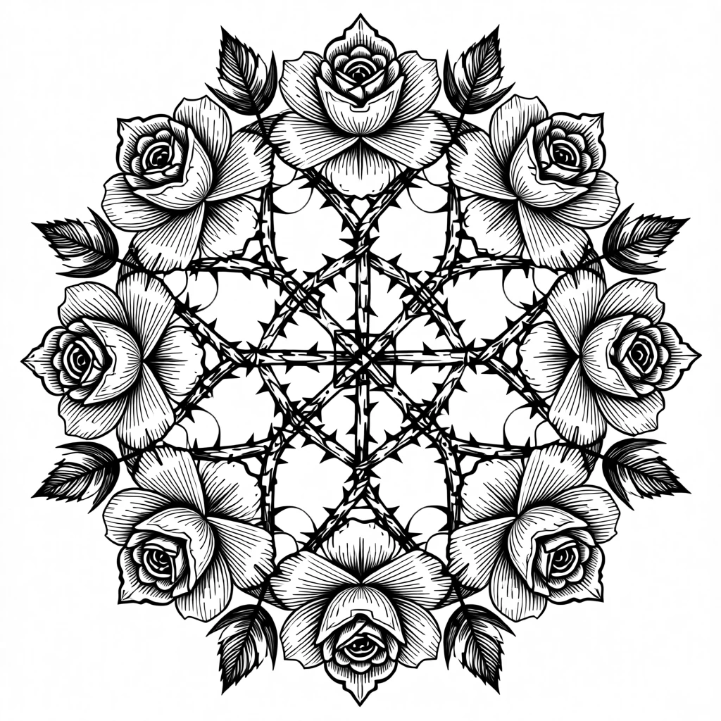 A lattice of climbing roses and thorns arranged in perfect radial symmetry, with a harmonious balance of positive and negative space, forming an elegantly decorative composition.