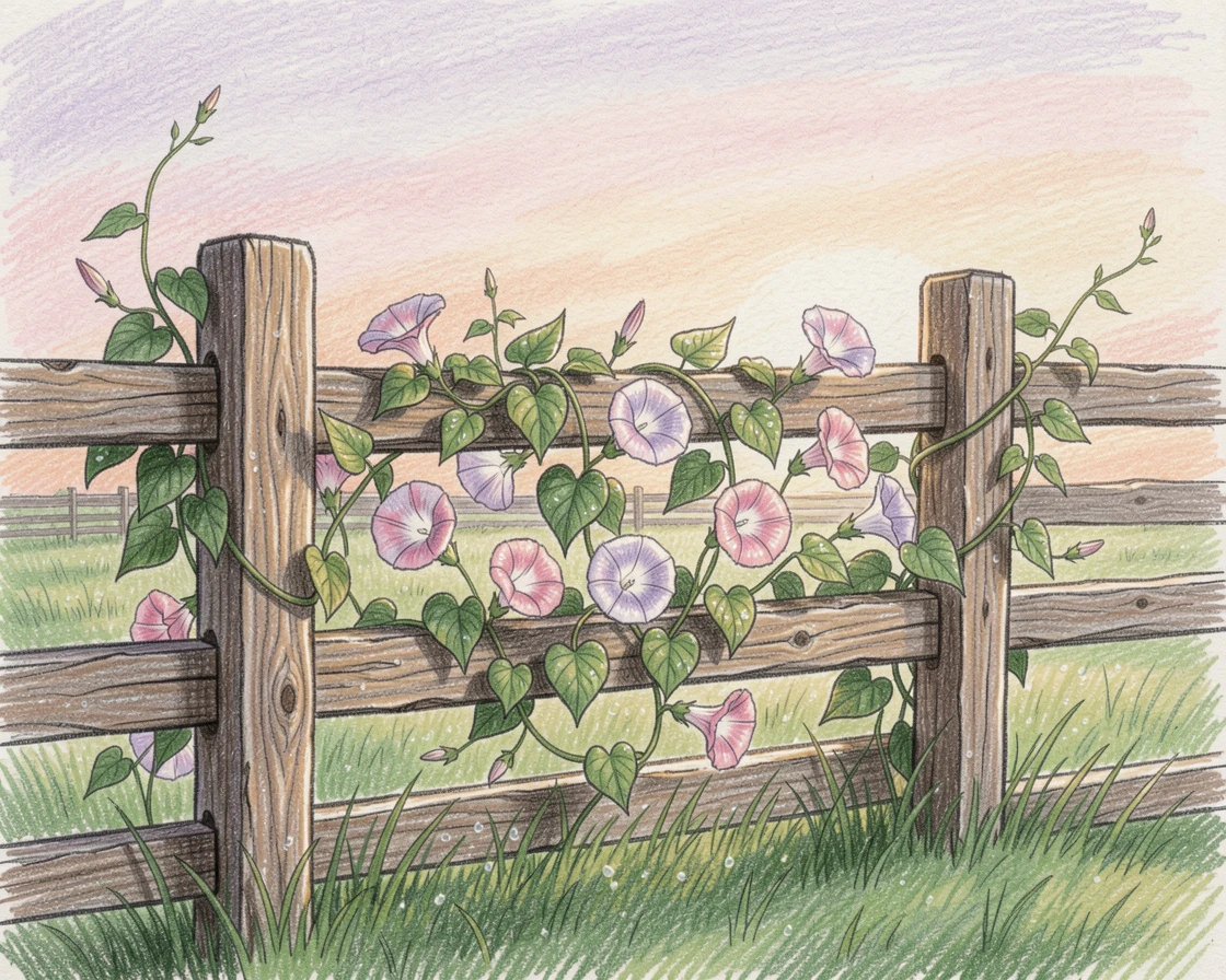 A rustic pasture fence lined with climbing morning glories at dawn, with delicate details that reward a closer look, radiating comfort, joy, and quiet beauty.