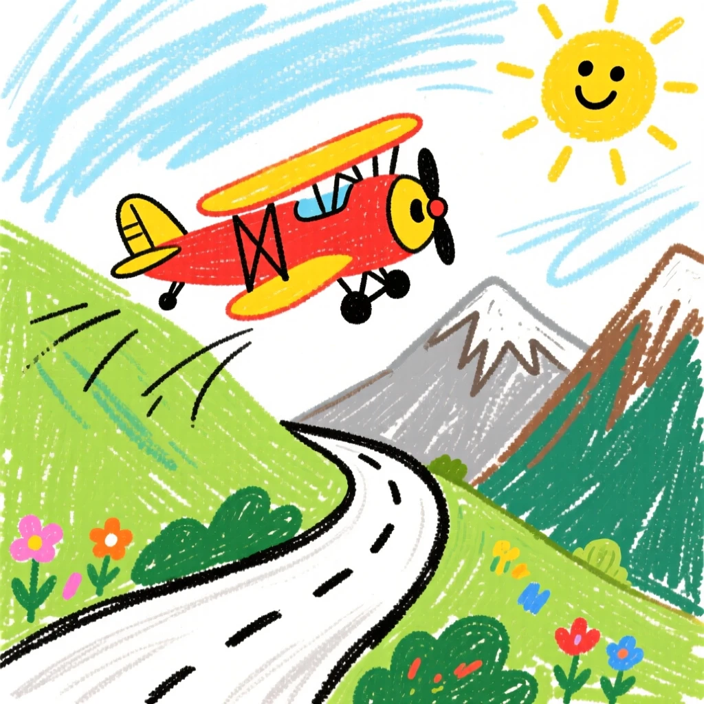 A biplane climbing a winding mountain road.
