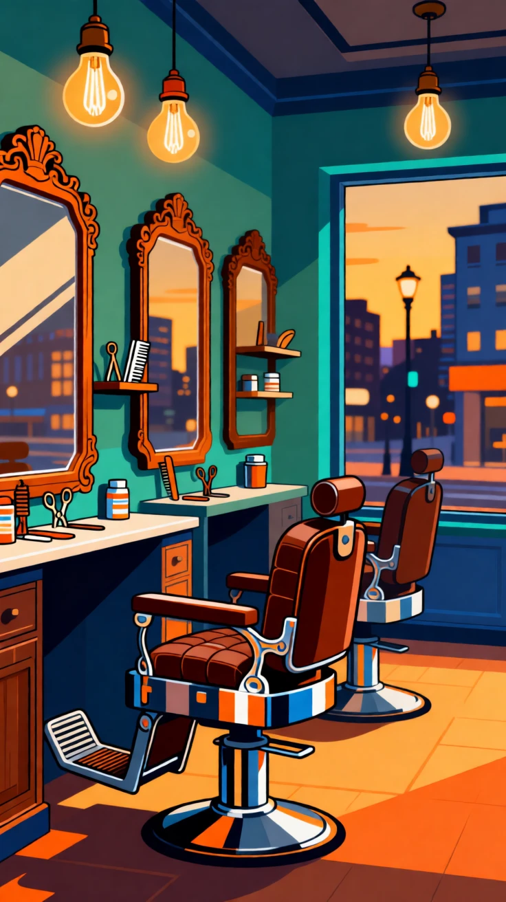 A stylish barbershop with vintage chairs and warm lighting, surrounded by soft golden evening city light, framed to capture authentic everyday urban charm, with vibrant, trendy colors that feel fresh and current.