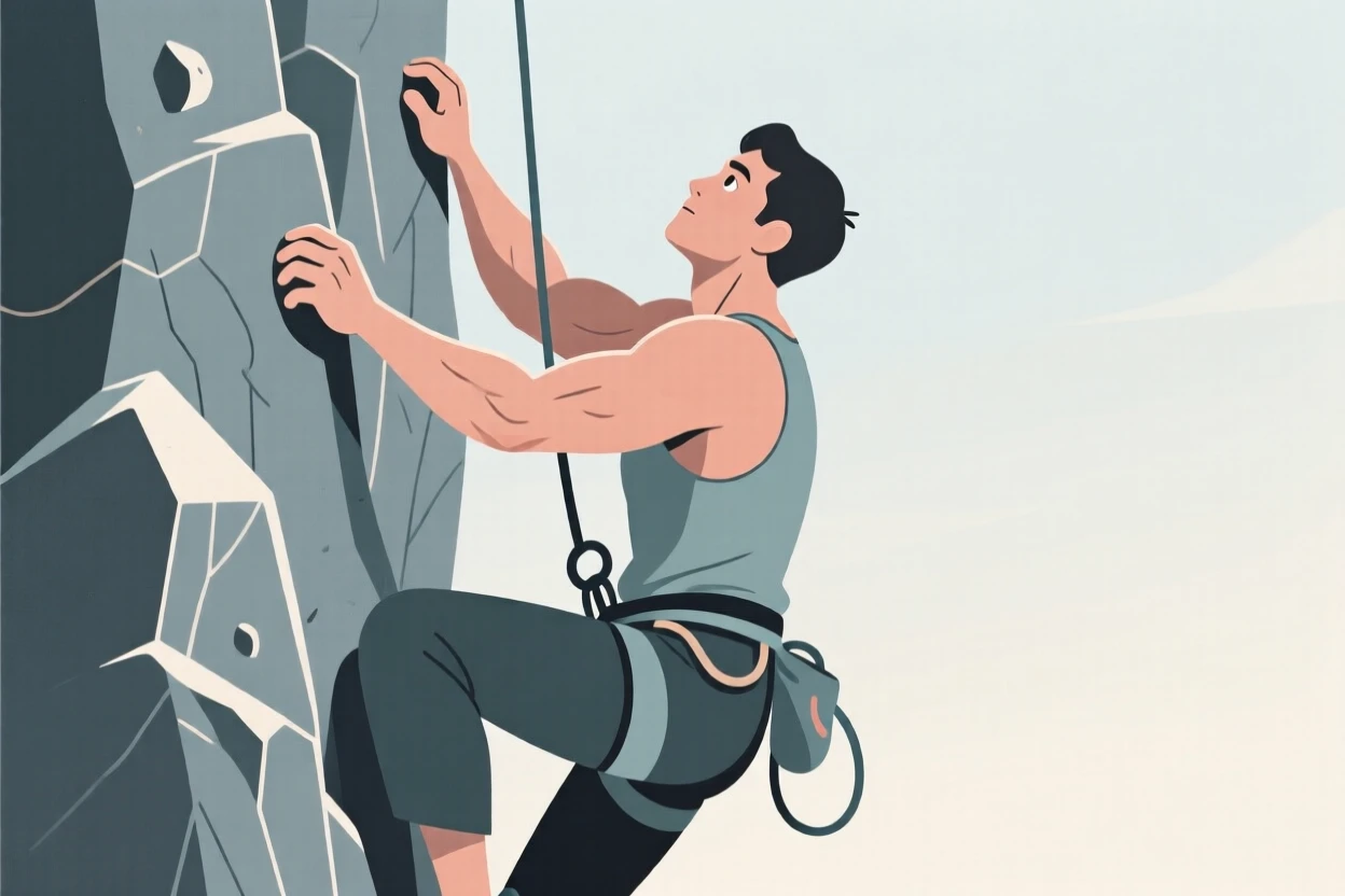 A climber gripping the rock face with steady determination.