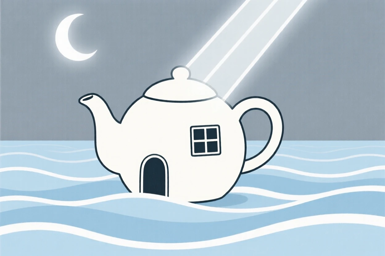 A dreamlike tiny house built inside a teapot rising from an ocean of soft light, filled with gentle beams of moonlight, evoking whimsical fantasy.