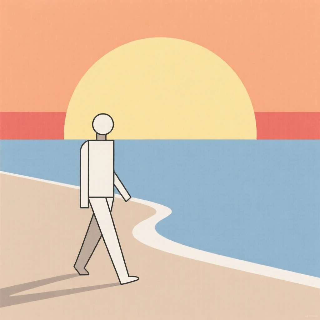 A person walking along a beach at sunrise reflecting