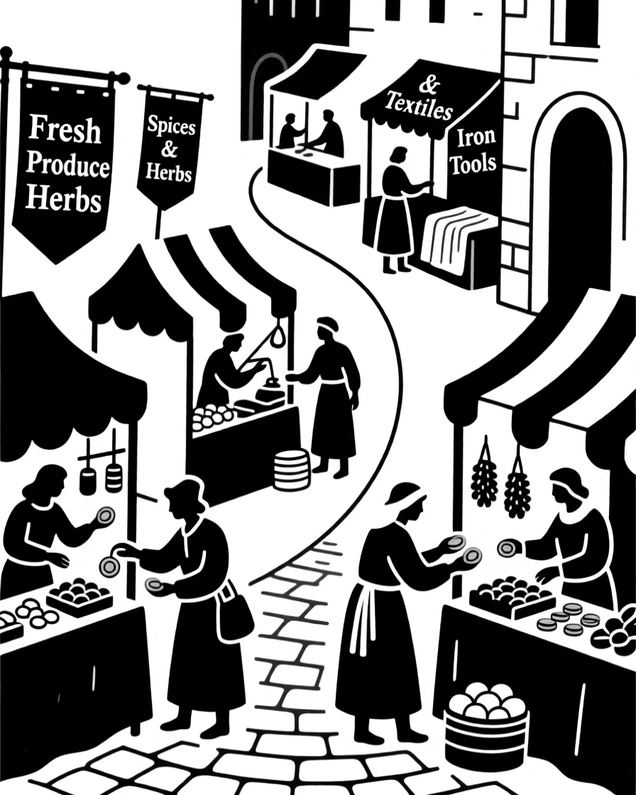 A medieval marketplace bustling with merchants and traders.