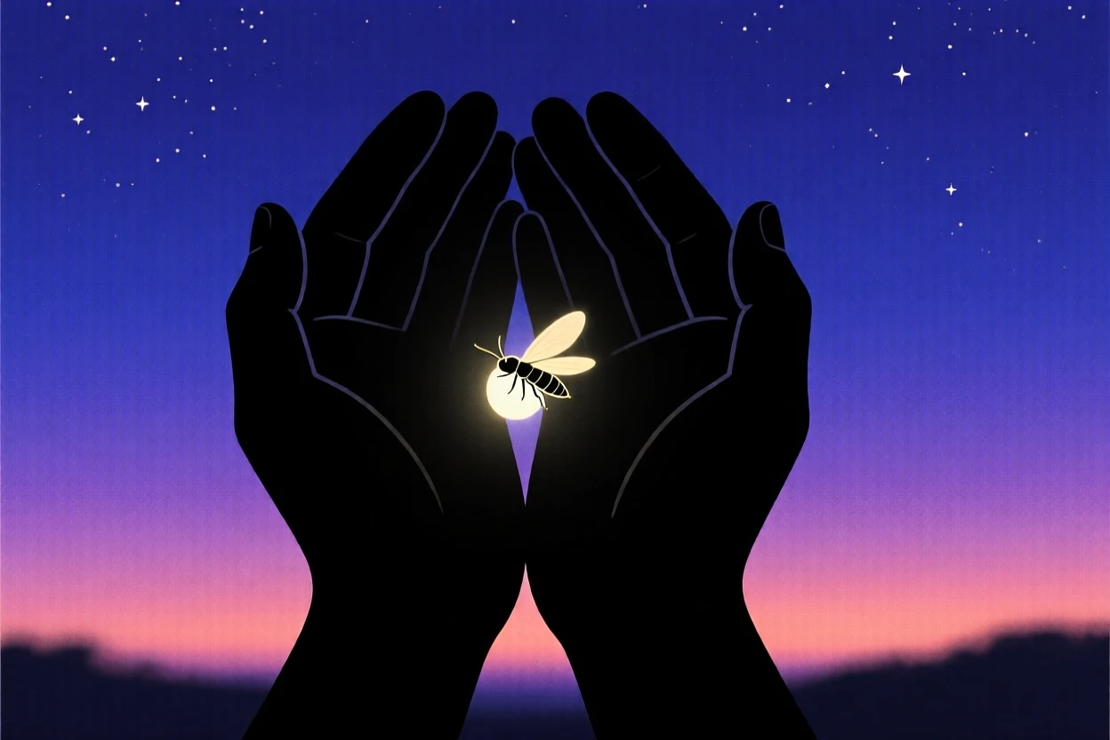 A pair of hands cupped around a single glowing firefly.