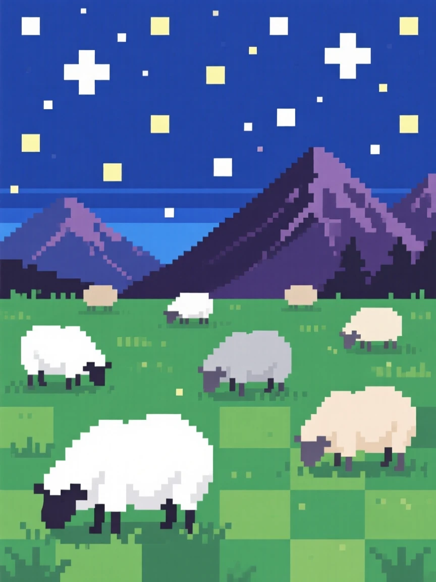 A meadow dotted with grazing sheep glowing under a sky full of stars, surrounded by distant mountain peaks.