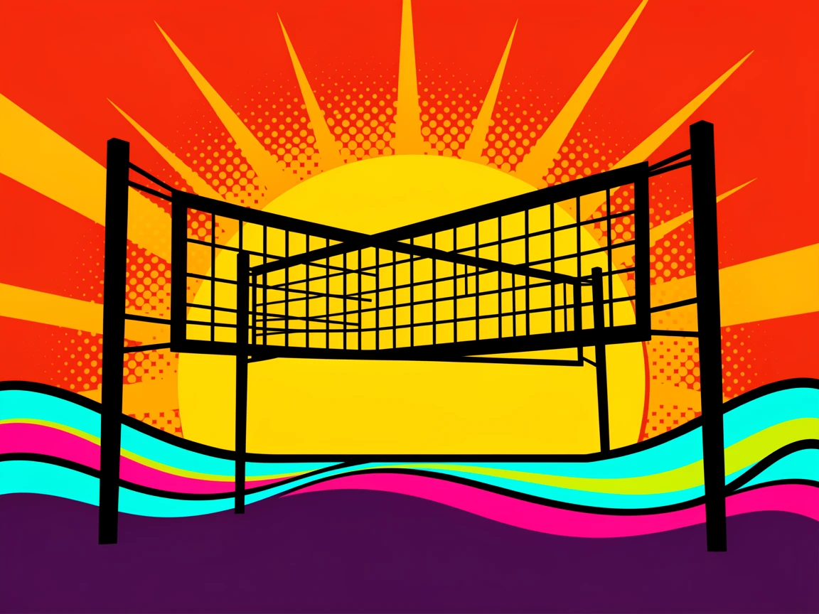 A beach volleyball net silhouetted against an sunset