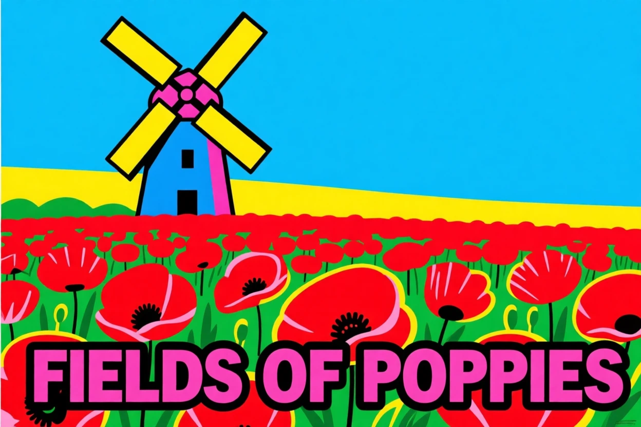 Field of red poppies with a windmill in the distance