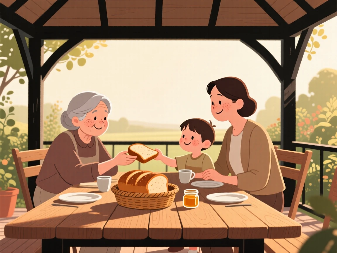 Three generations of a family gather around a large wooden table in the garden gazebo, sharing freshly baked bread and stories as the afternoon sun warms the room.