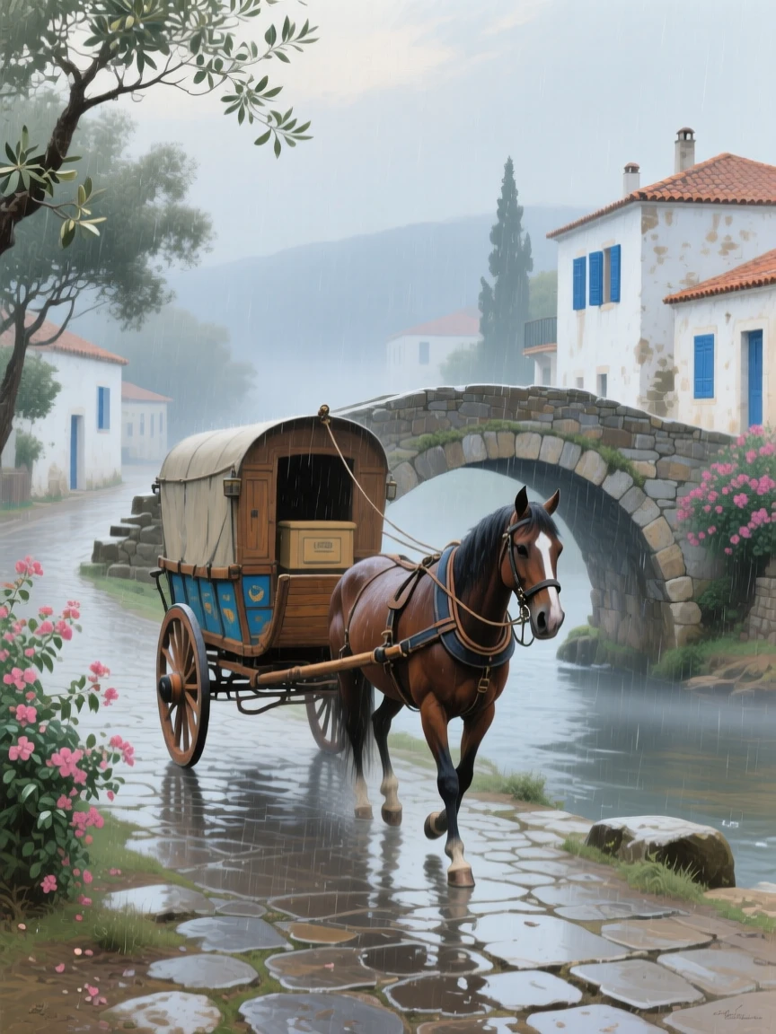 A medium shot of a rural mail carriage crossing a stone bridge in early morning fog, in a Greek island village, during a light rain.
