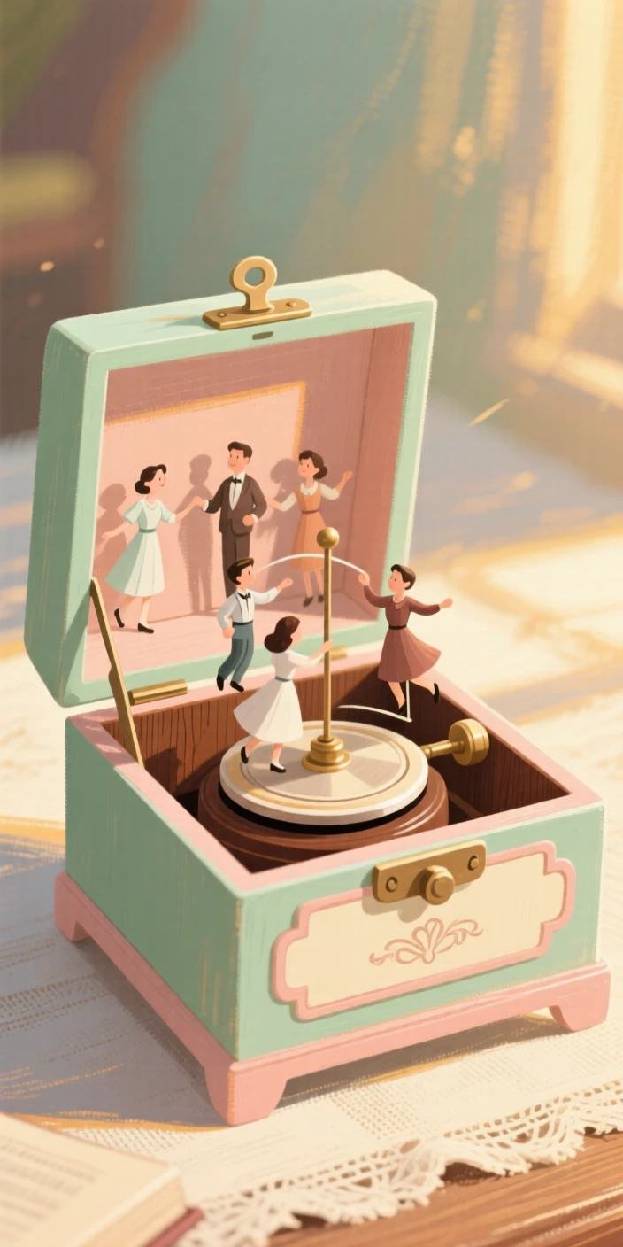 An antique music box open to reveal its delicate spinning figures