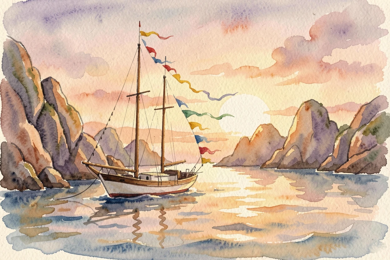A sailboat drifting past a rocky archipelago during golden hour with colorful flags fluttering in the breeze.