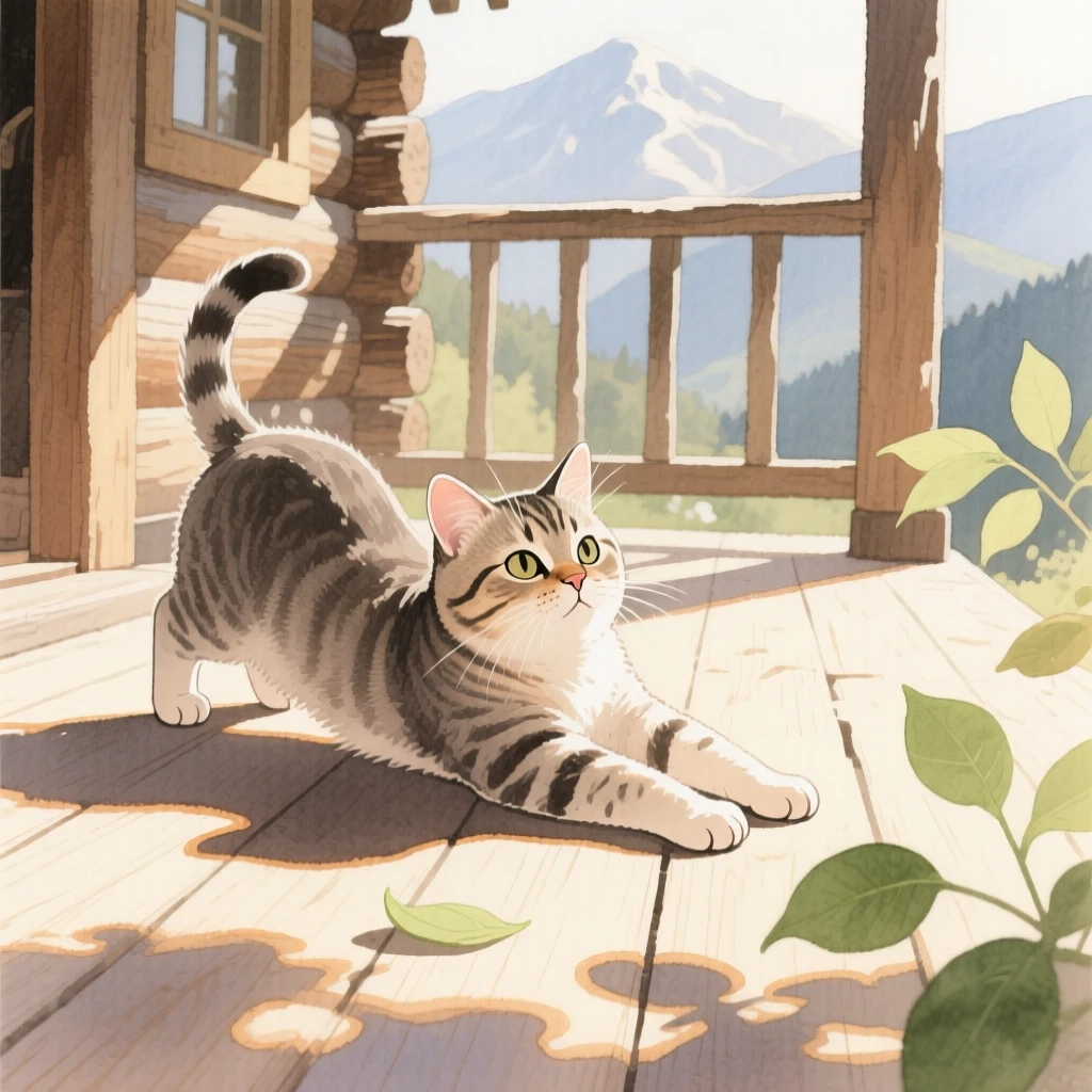 A Scottish fold kitten stretches in a patch of sunlight in a mountain cabin porch, while soft light filters through nearby leaves