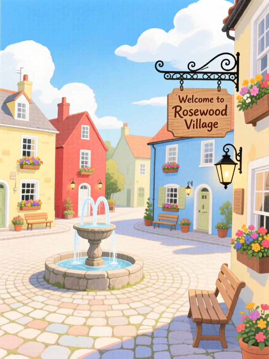 A peaceful view of a charming village square with cobblestone streets.