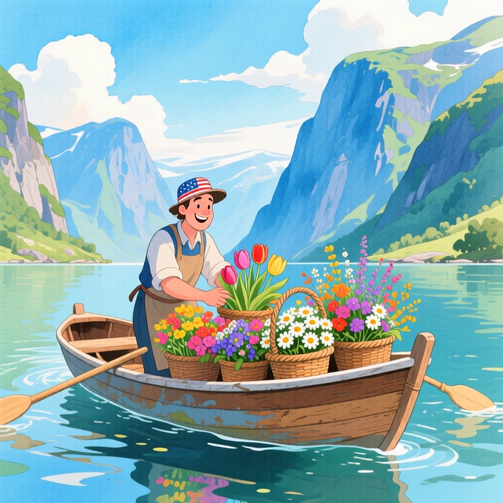 A local vendor arranges baskets of fresh flowers amid the dramatic fjords of Norway seen from a small wooden boat, evoking wanderlust and adventure.