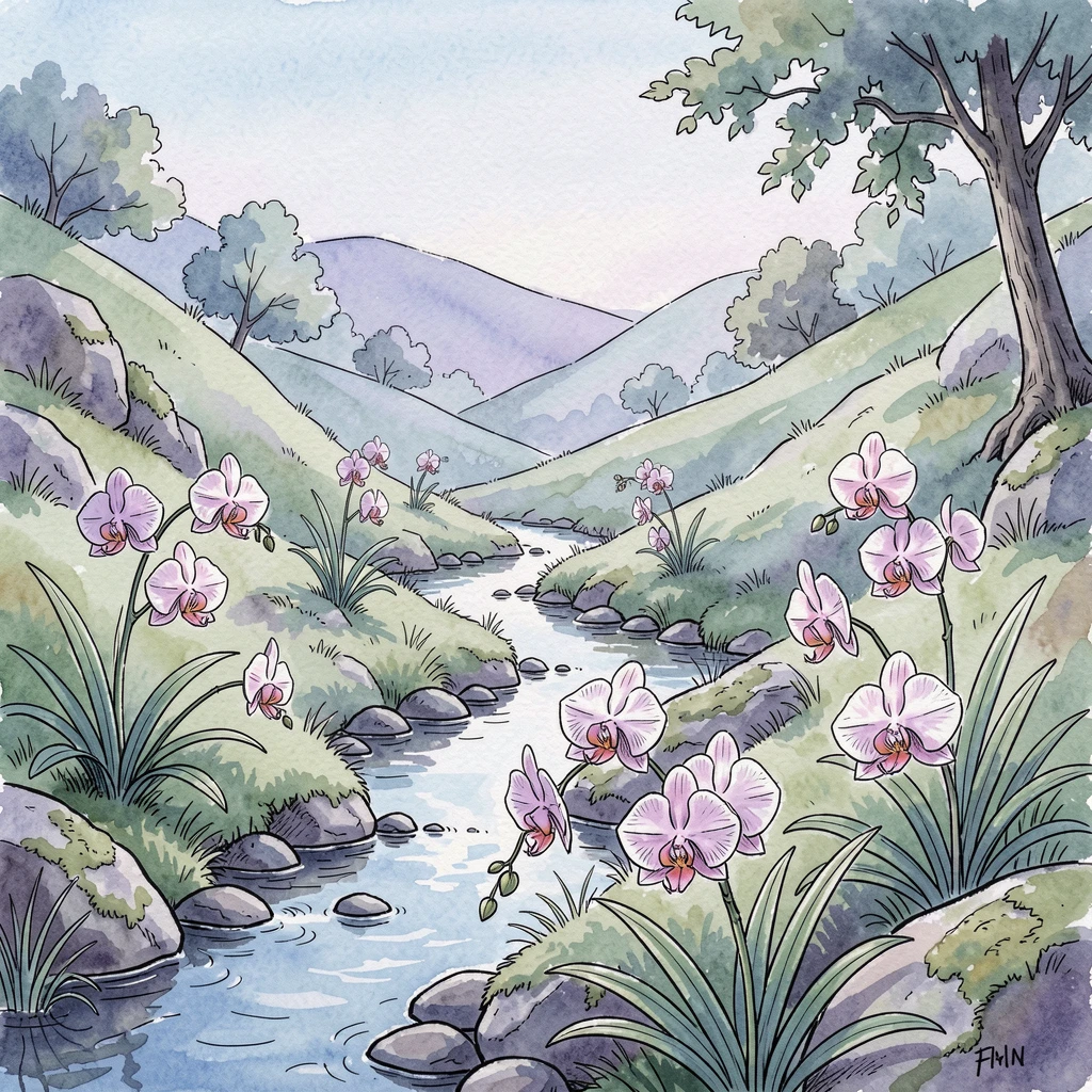 A hidden valley filled with wild orchids beside a trickling stream, the scene bathed in the soft blue light of early dawn.