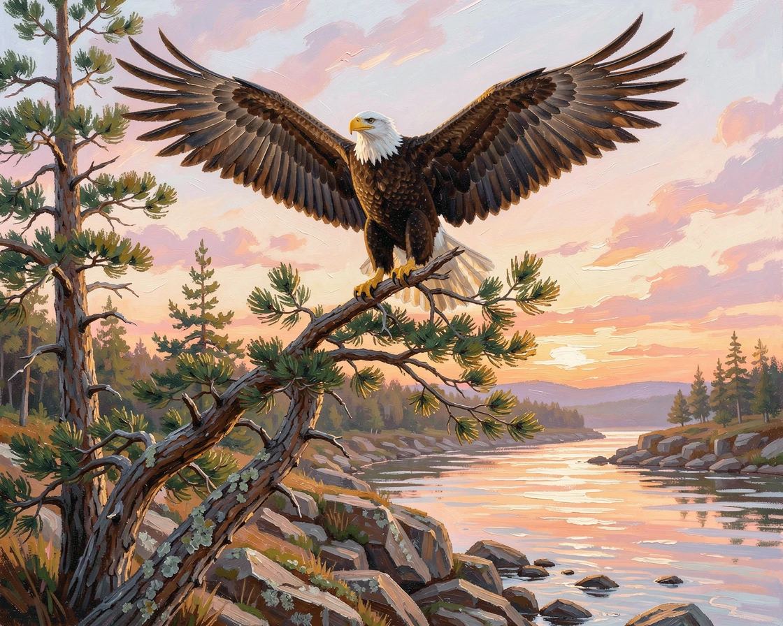 A bald eagle perched atop a tall pine, along a rocky riverbank at dawn, wings spread wide in mid-flight, at sunrise, feathers catching the first golden light.