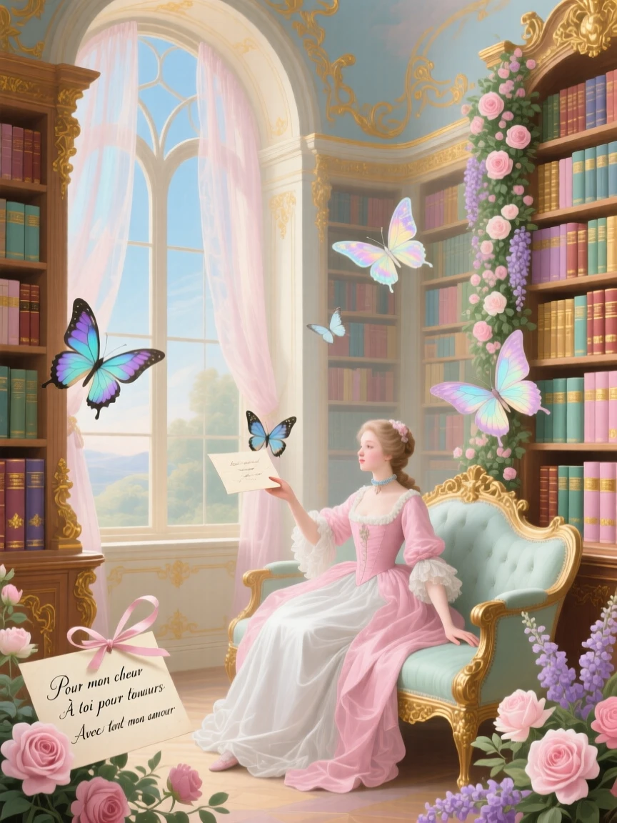 A magical library where butterflies carry handwritten letters between shelves  