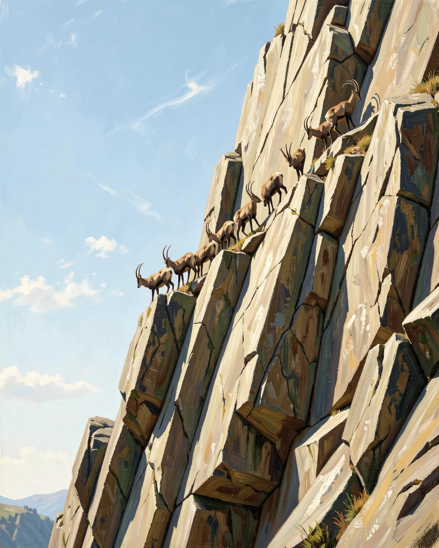 A herd of ibex traverses a granite cliff face under a blazing midday sun.
