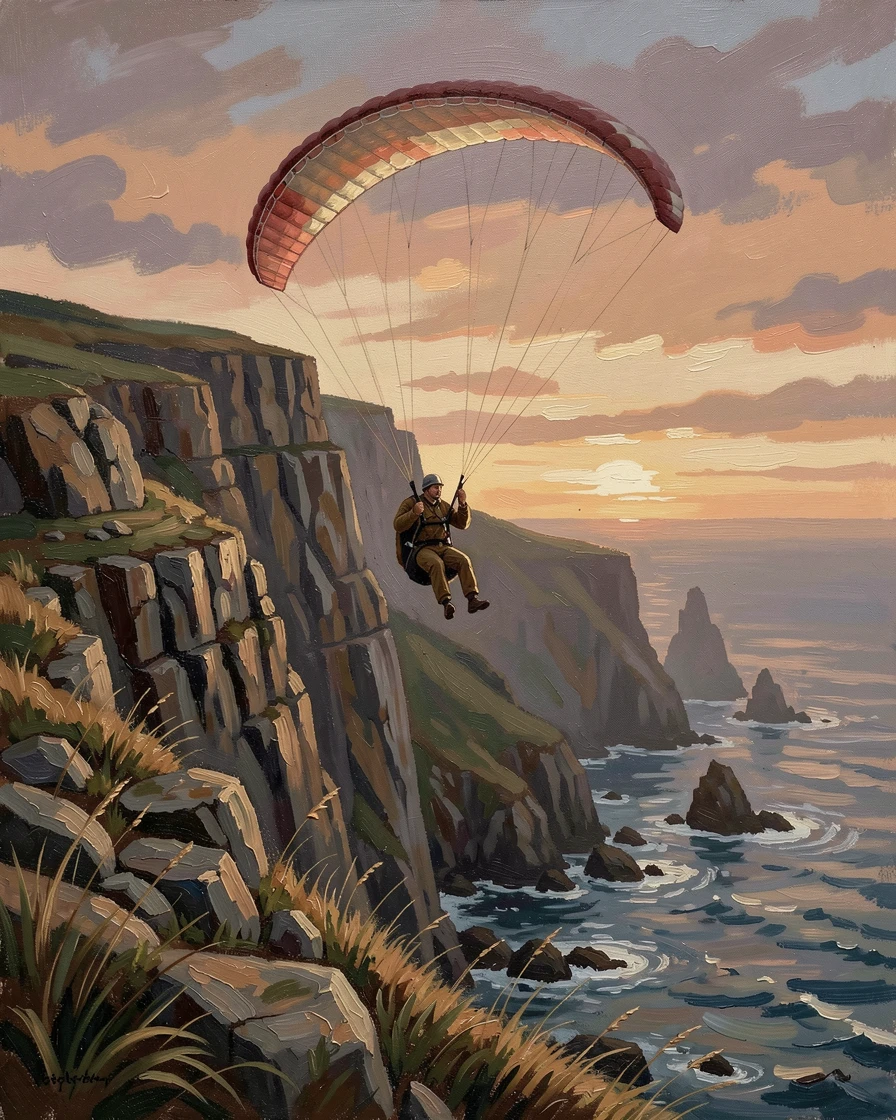 A paraglider soaring above a dramatic coastal cliffside at sunset, as dramatic natural light enhances the excitement of the journey, radiating the thrill of seeing the world's most incredible places