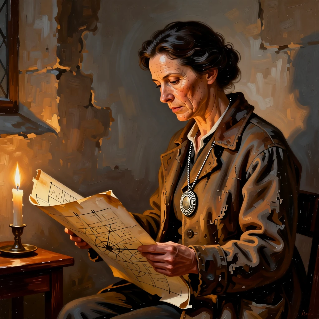 A weathered sea captain studying a worn nautical chart captured in a quiet, introspective moment, set in a candlelit chapel side room, with a cherished heirloom locket resting against her collarbone; the pose is turned gently off-center for a natural, candid feel, capturing grace under the weight of everyday devotion.
