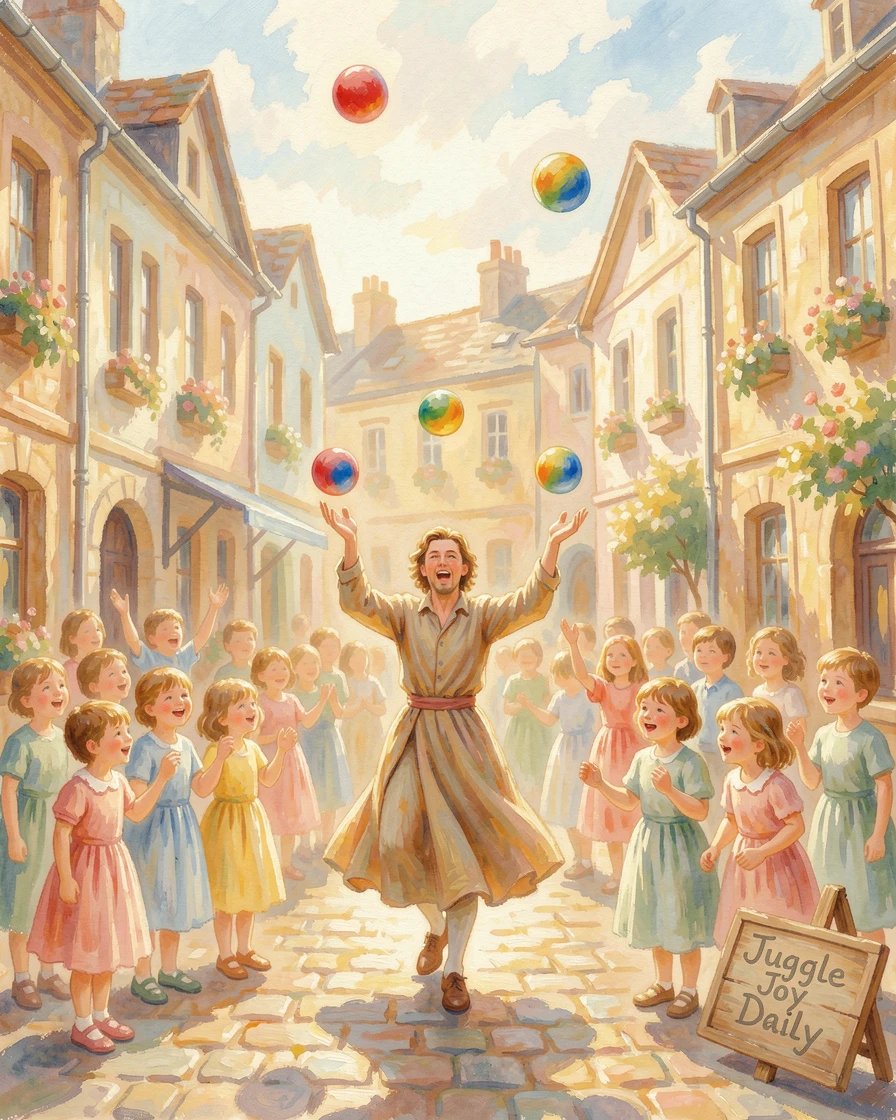 A street performer juggling colorful balls before an enchanted crowd of children in a town square, capturing a fleeting moment of pure happiness.