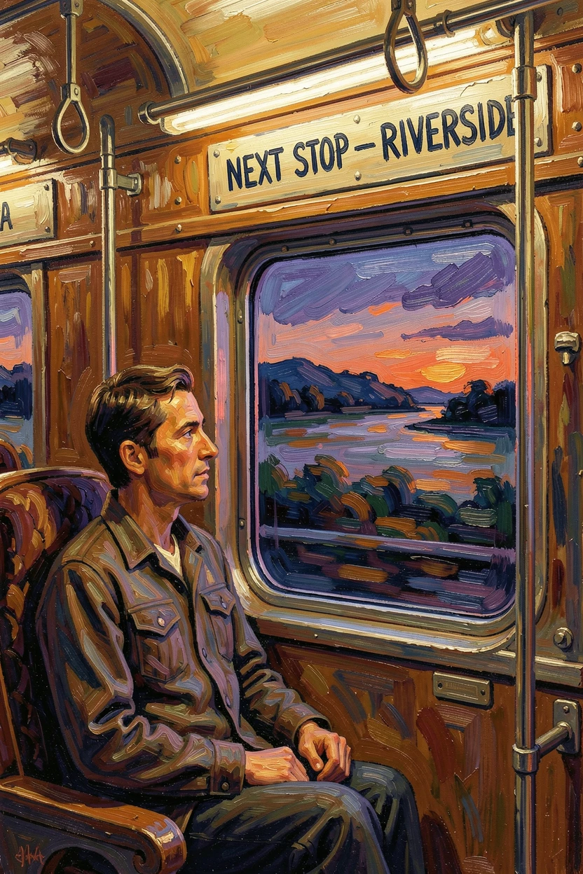 A quiet train car at dusk, a lone passenger watching the countryside blur past the window.