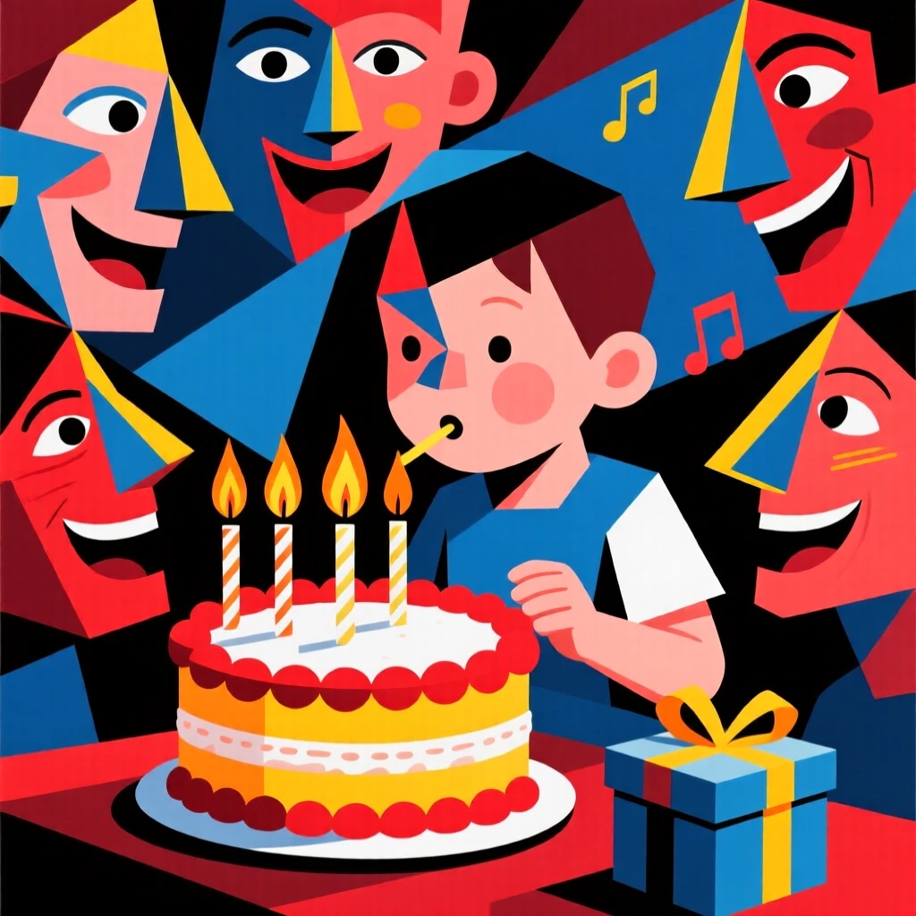 A child blowing out candles on a birthday cake surrounded by joyful faces.